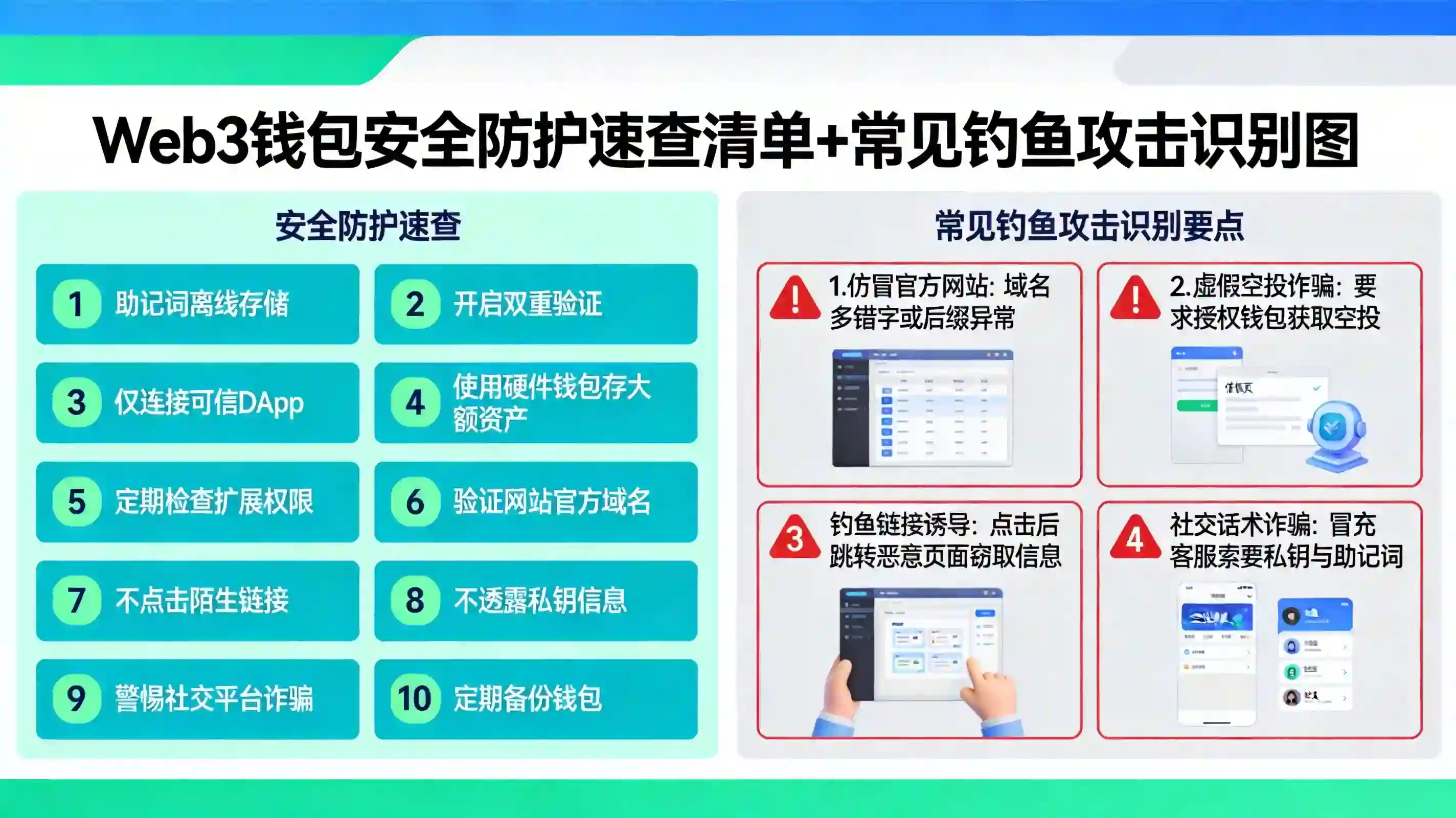 Web3钱包安全防护速查清单+常见钓鱼攻击识别示意图
