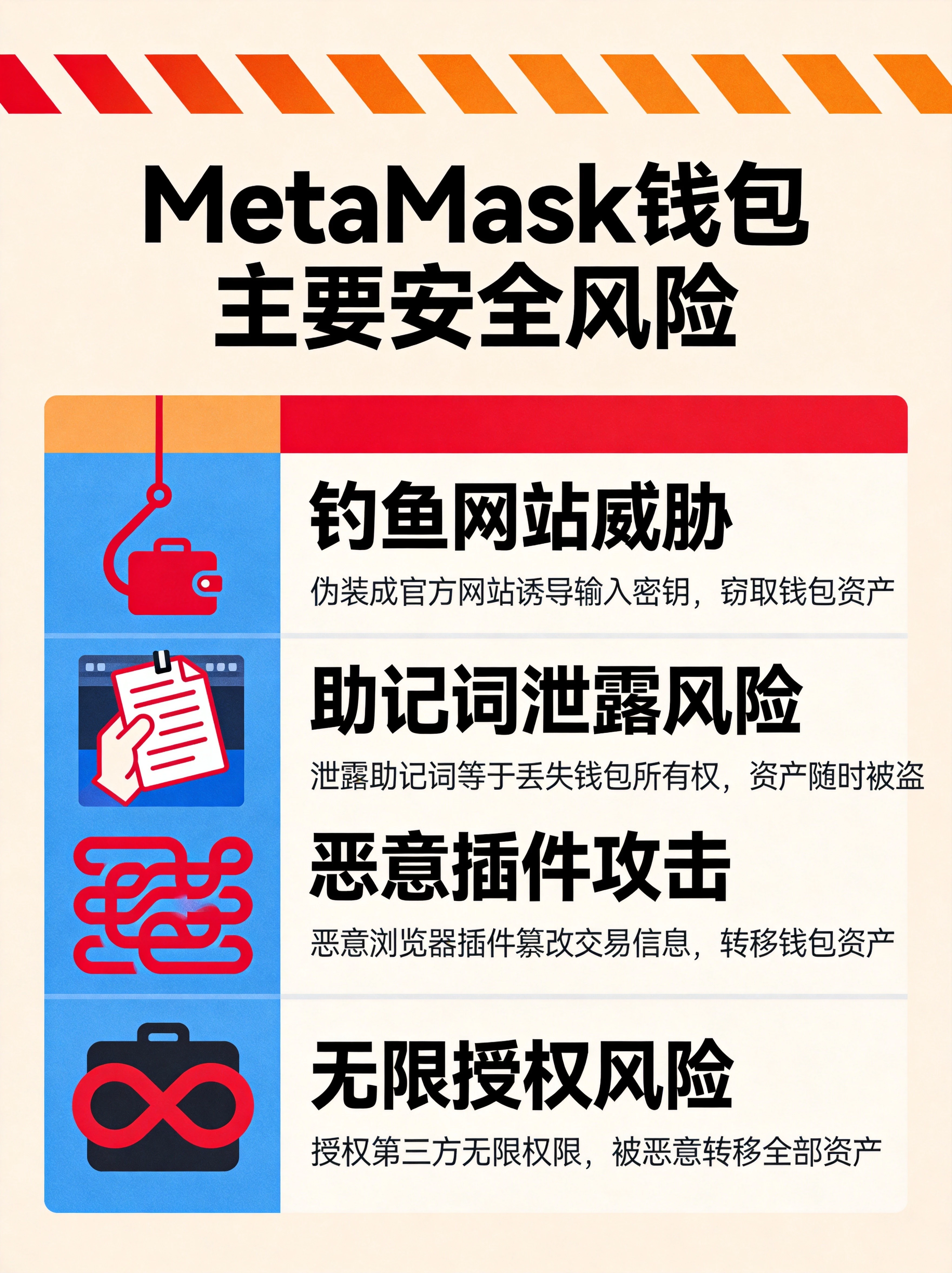  MetaMask钱包四大安全风险信息图，分别展示钓鱼网站威胁、助记词泄露风险、恶意插件攻击、无限授权风险四类主要安全威胁