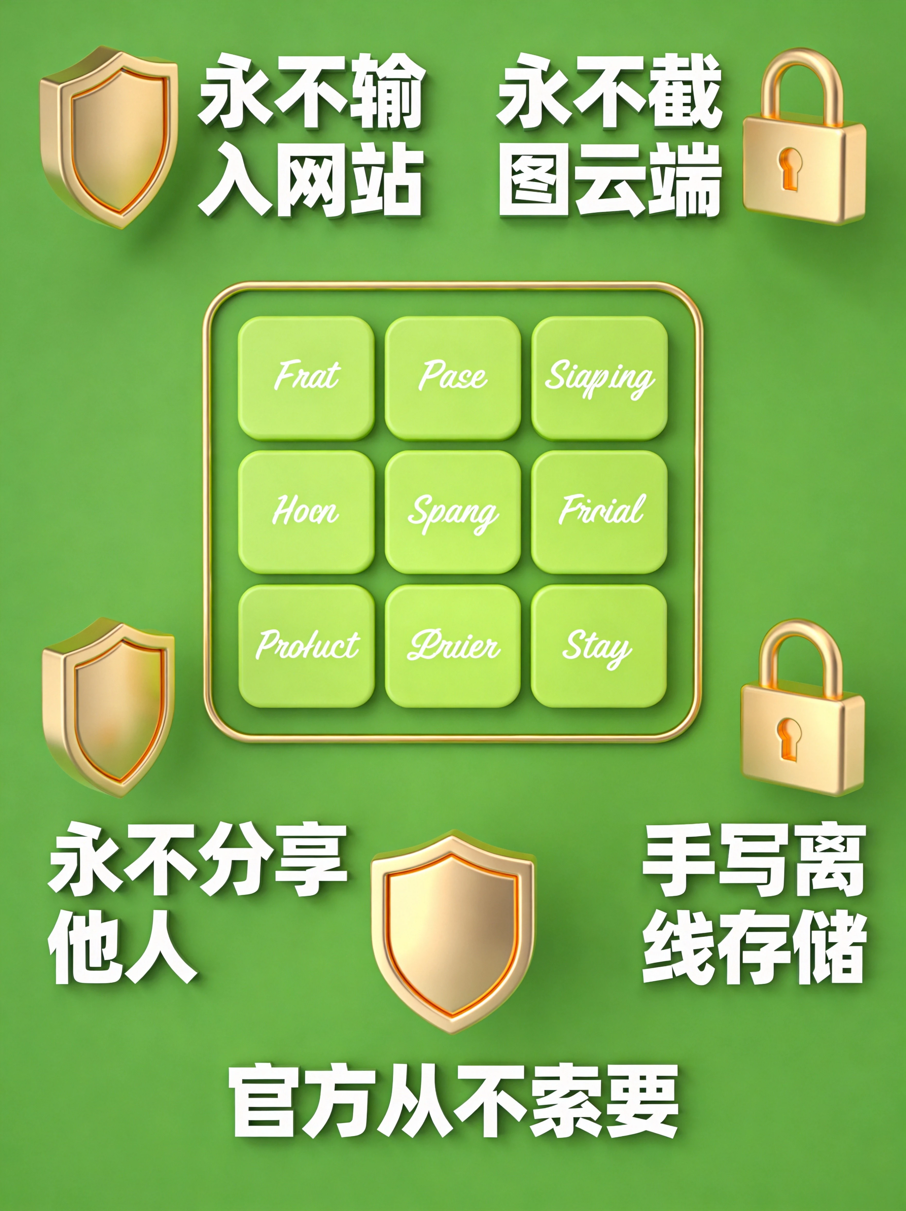 MetaMask助记词管理五大黄金法则图，展示永不输入网站、永不截图云端、永不分享他人、手写离线存储、官方从不索要五大安全原则