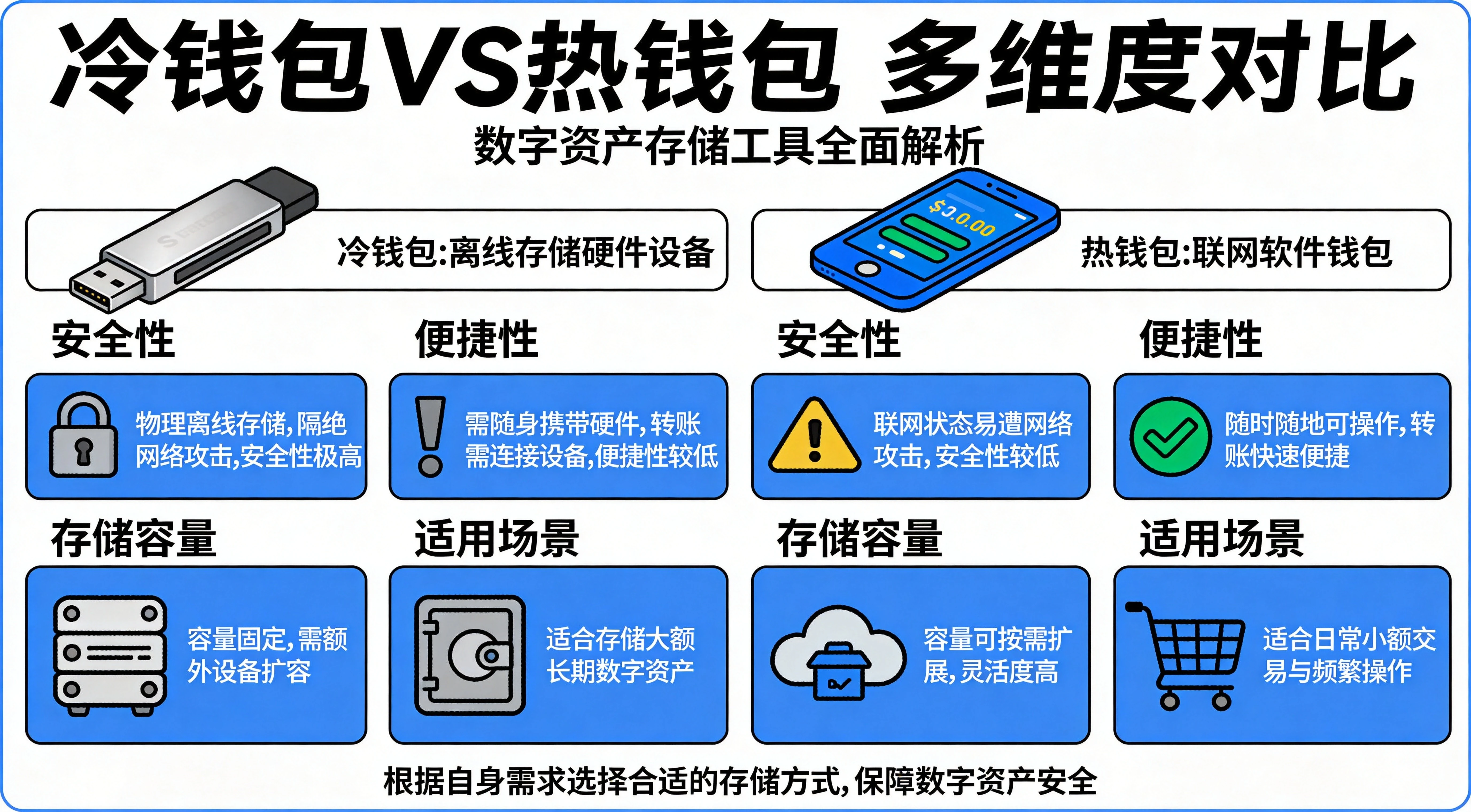 冷钱包热钱包多维度对比信息图，涵盖安全性、便利性、成本、恢复难度等核心维度对比，蓝白安全科普风格