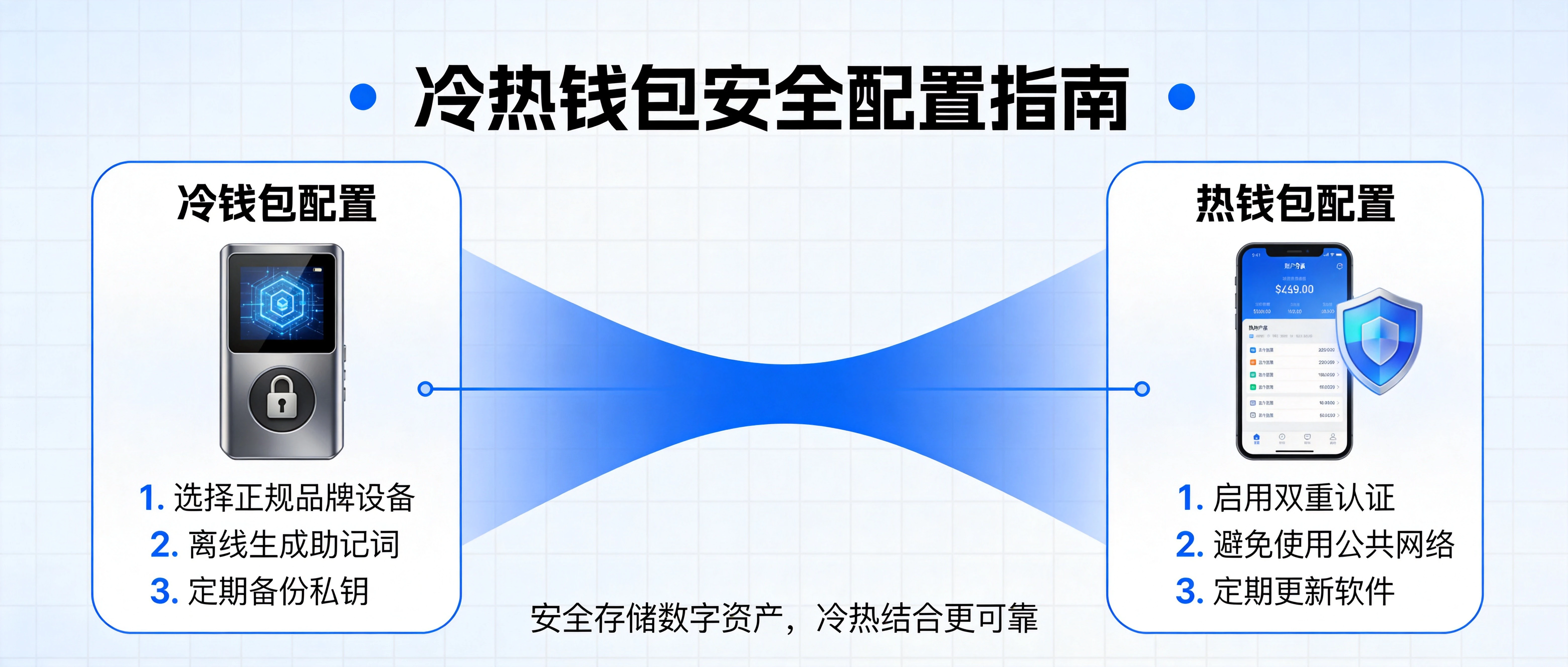 冷热钱包场景选择与配置建议信息图，列出适用场景、不同资金量配置策略与日常安全清单，蓝白专业安全风格