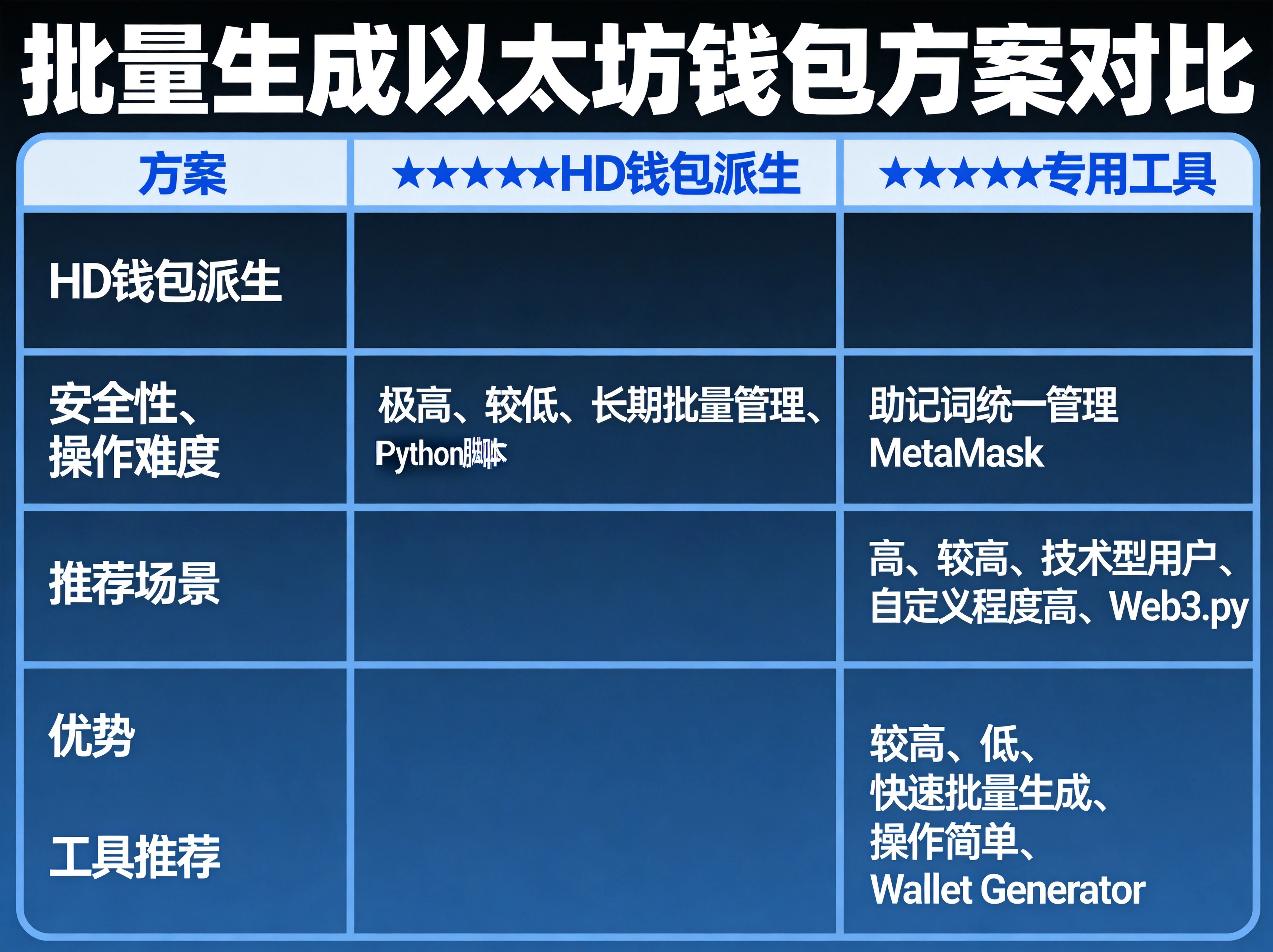 三种批量生成方案对比表,三列分别为⭐⭐⭐⭐⭐HD钱包派生、⭐⭐⭐⭐Python脚本、⭐⭐⭐⭐专用工具,每行对比"安全性、操作难度、推荐场景、优势、工具推荐"五项核心信息,蓝色系配色,表格结构清晰 三种批量生成方案对比表,三列分别为⭐⭐⭐⭐⭐HD钱包派生、⭐⭐⭐⭐Python脚本、⭐⭐⭐⭐专用工具,每行对比"安全性、操作难度、推荐场景、优势、工具推荐"五项核心信息,蓝色系配色,表格结构清晰